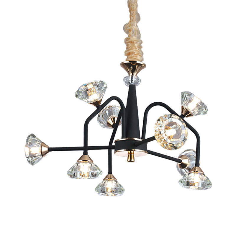 Black 9/12 Lights Chandelier Light Modern Pyramid Crystal Curved Arm Hanging Ceiling Light Clearhalo 'Ceiling Lights' 'Chandeliers' Lighting' options 293455