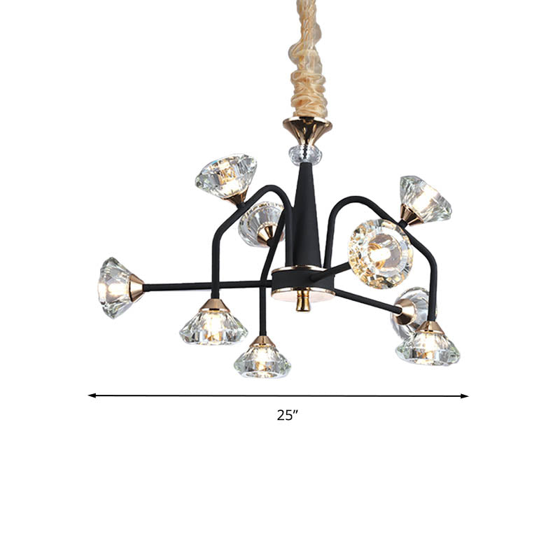 Black 9/12 Lights Chandelier Light Modern Pyramid Crystal Curved Arm Hanging Ceiling Light Clearhalo 'Ceiling Lights' 'Chandeliers' Lighting' options 293456