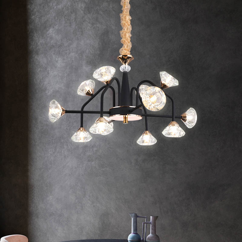 Black 9/12 Lights Chandelier Light Modern Pyramid Crystal Curved Arm Hanging Ceiling Light 12 Black Clearhalo 'Ceiling Lights' 'Chandeliers' Lighting' options 293457_44be7736-0b74-4d8f-856c-36510a1529e9