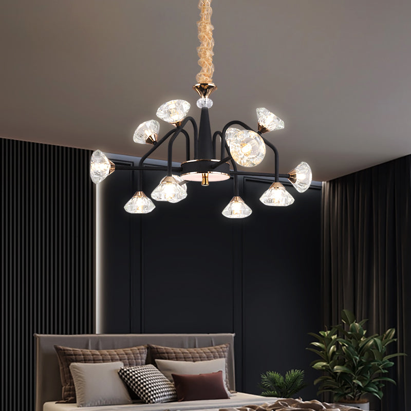 Black 9/12 Lights Chandelier Light Modern Pyramid Crystal Curved Arm Hanging Ceiling Light Clearhalo 'Ceiling Lights' 'Chandeliers' Lighting' options 293458