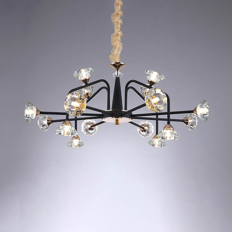 Black 9/12 Lights Chandelier Light Modern Pyramid Crystal Curved Arm Hanging Ceiling Light Clearhalo 'Ceiling Lights' 'Chandeliers' Lighting' options 293459