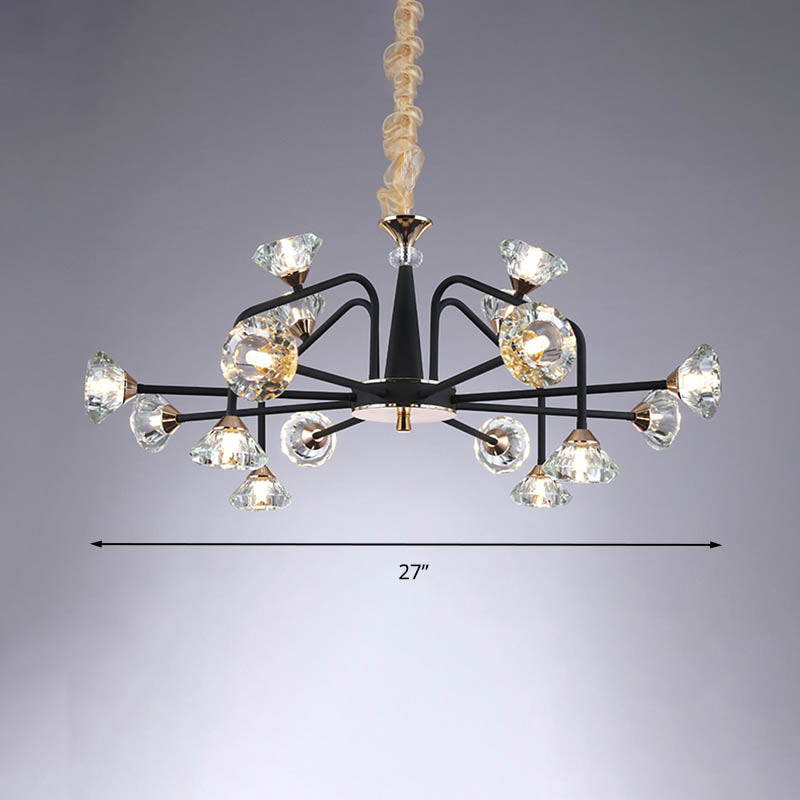 Black 9/12 Lights Chandelier Light Modern Pyramid Crystal Curved Arm Hanging Ceiling Light Clearhalo 'Ceiling Lights' 'Chandeliers' Lighting' options 293460