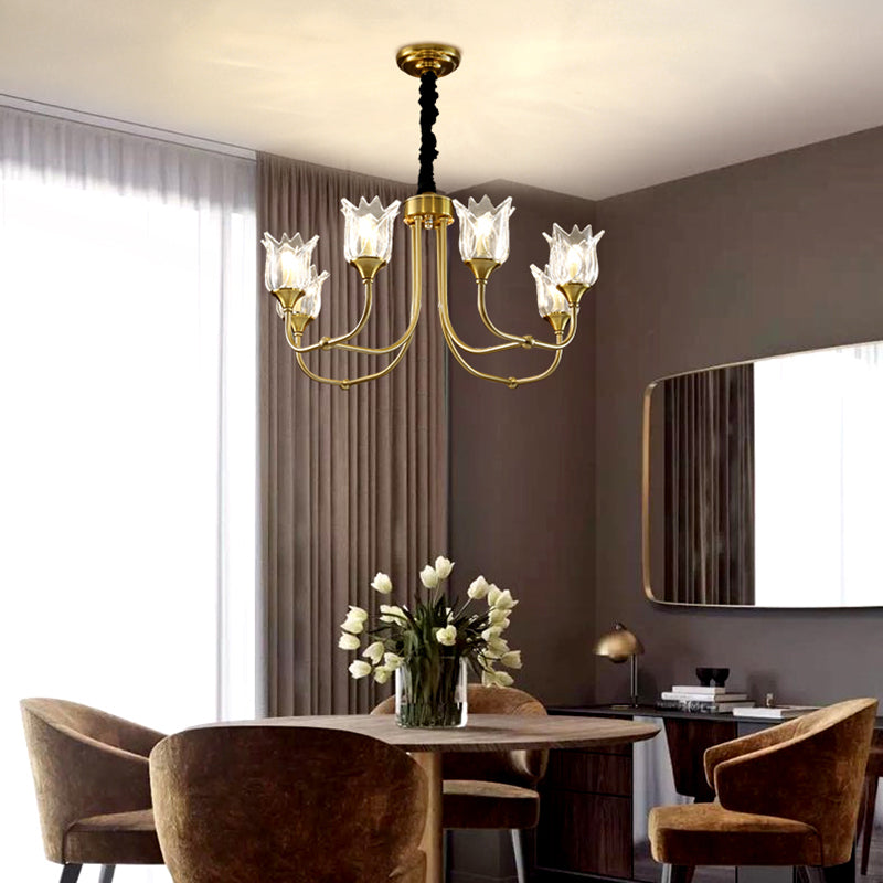 Flower Clear Glass Pendant Light Postmodern 6 Heads Dining Room Chandelier Light Fixture in Gold Clearhalo 'Ceiling Lights' 'Chandeliers' Lighting' options 293482