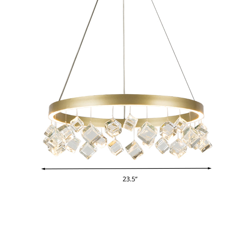 Metal Gold Hanging Pendant Light Ring LED Postmodern Ceiling Chandelier in Warm/White Light with Cubic Crystal Drop Clearhalo 'Ceiling Lights' 'Chandeliers' Lighting' options 293490
