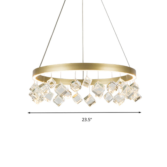 Metal Gold Hanging Pendant Light Ring LED Postmodern Ceiling Chandelier in Warm/White Light with Cubic Crystal Drop Clearhalo 'Ceiling Lights' 'Chandeliers' Lighting' options 293490