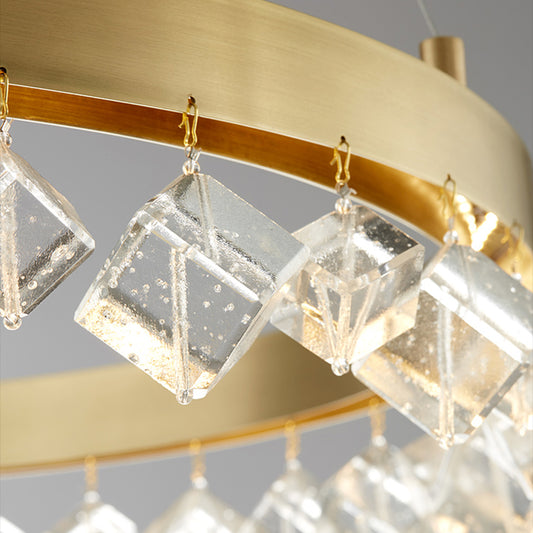 Metal Gold Hanging Pendant Light Ring LED Postmodern Ceiling Chandelier in Warm/White Light with Cubic Crystal Drop Clearhalo 'Ceiling Lights' 'Chandeliers' Lighting' options 293491
