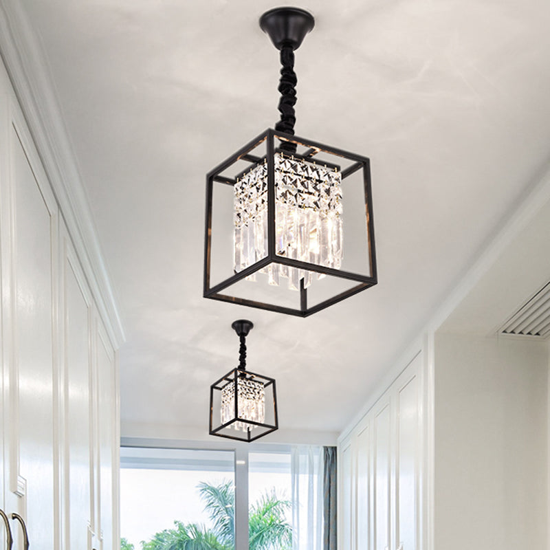 Black Square Suspension Lighting Modernism Three Sided Crystal Rod 2 Heads Corridor Pendant Chandelier Black Clearhalo 'Ceiling Lights' 'Chandeliers' 'Industrial Chandeliers' 'Industrial' 'Middle Century Chandeliers' 'Tiffany' Lighting' 293498