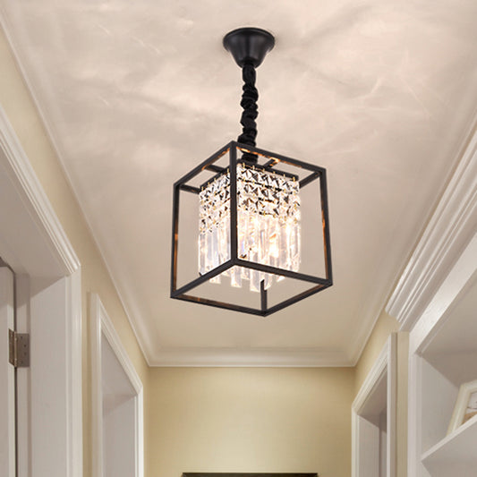 Black Square Suspension Lighting Modernism Three Sided Crystal Rod 2 Heads Corridor Pendant Chandelier Clearhalo 'Ceiling Lights' 'Chandeliers' 'Industrial Chandeliers' 'Industrial' 'Middle Century Chandeliers' 'Tiffany' Lighting' 293499