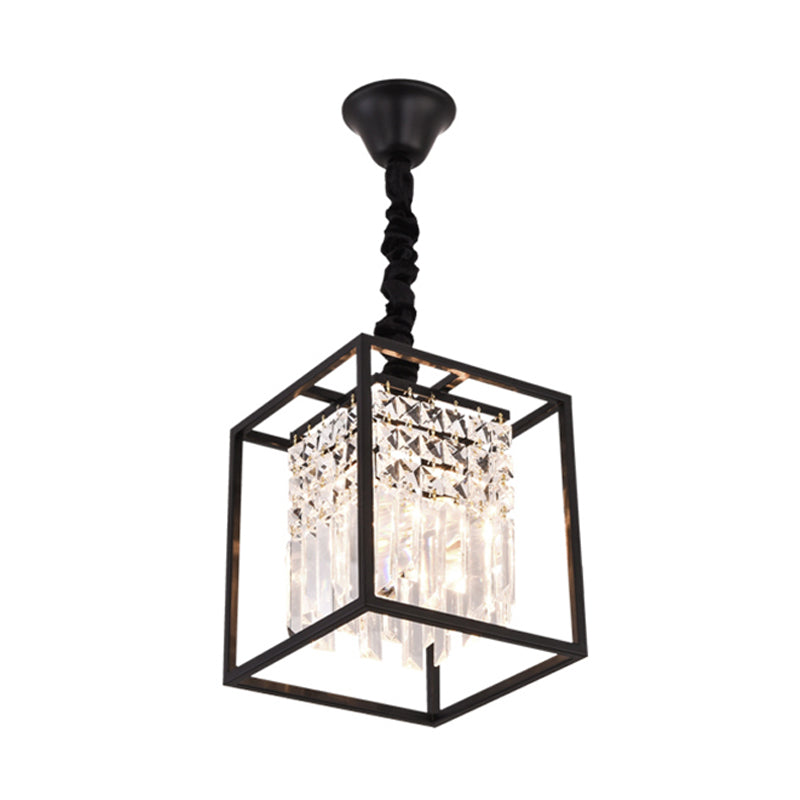 Black Square Suspension Lighting Modernism Three Sided Crystal Rod 2 Heads Corridor Pendant Chandelier Clearhalo 'Ceiling Lights' 'Chandeliers' 'Industrial Chandeliers' 'Industrial' 'Middle Century Chandeliers' 'Tiffany' Lighting' 293501