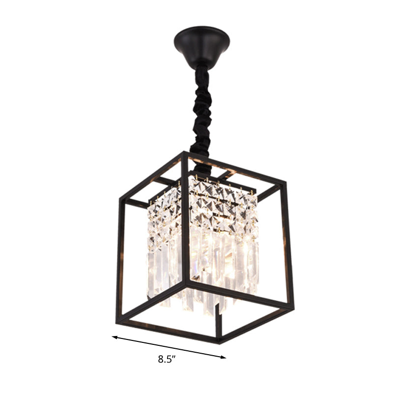 Black Square Suspension Lighting Modernism Three Sided Crystal Rod 2 Heads Corridor Pendant Chandelier Clearhalo 'Ceiling Lights' 'Chandeliers' 'Industrial Chandeliers' 'Industrial' 'Middle Century Chandeliers' 'Tiffany' Lighting' 293502
