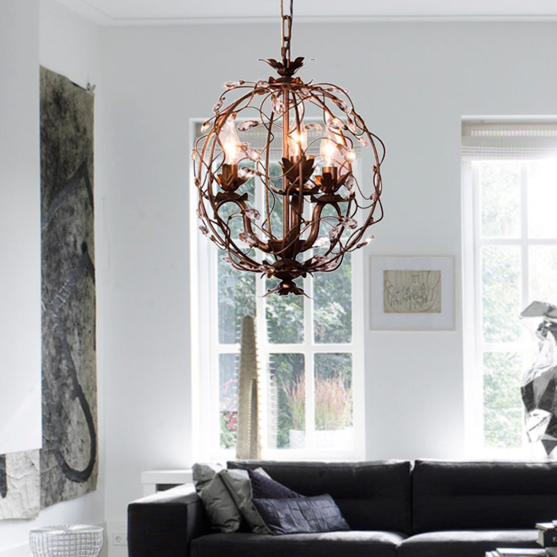 Brass 3 Lights Suspension Pendant Vintage Teardrop Crystal Orbit Ceiling Chandelier Clearhalo 'Ceiling Lights' 'Chandeliers' Lighting' options 293551