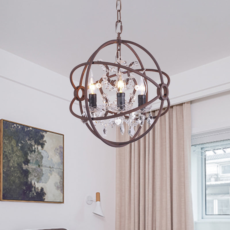 Crystal Drop Rust Ceiling Light Fixture Orbit 3 Heads Vintage Chandelier Pendant Light Rust Clearhalo 'Ceiling Lights' 'Chandeliers' Lighting' options 293554_77511105-b896-4470-aee6-dd930f2eacc3