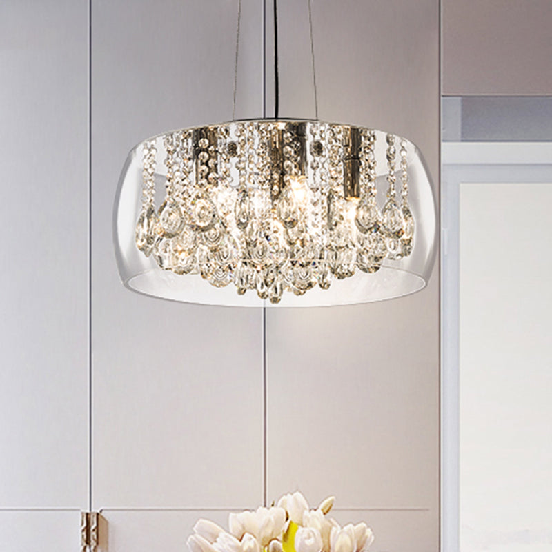 Drum Dining Room Chandelier Lighting Simple Style Crystal Drop 3 Heads Suspension Lamp with Amber/Clear Glass Shade Clearhalo 'Ceiling Lights' 'Chandeliers' Lighting' options 293560
