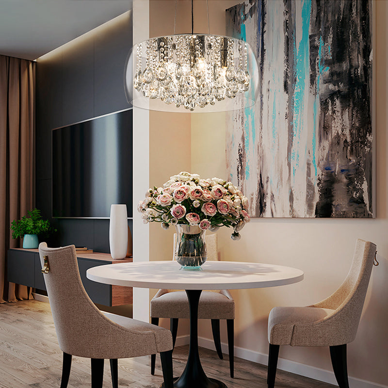 Drum Dining Room Chandelier Lighting Simple Style Crystal Drop 3 Heads Suspension Lamp with Amber/Clear Glass Shade Clearhalo 'Ceiling Lights' 'Chandeliers' Lighting' options 293561