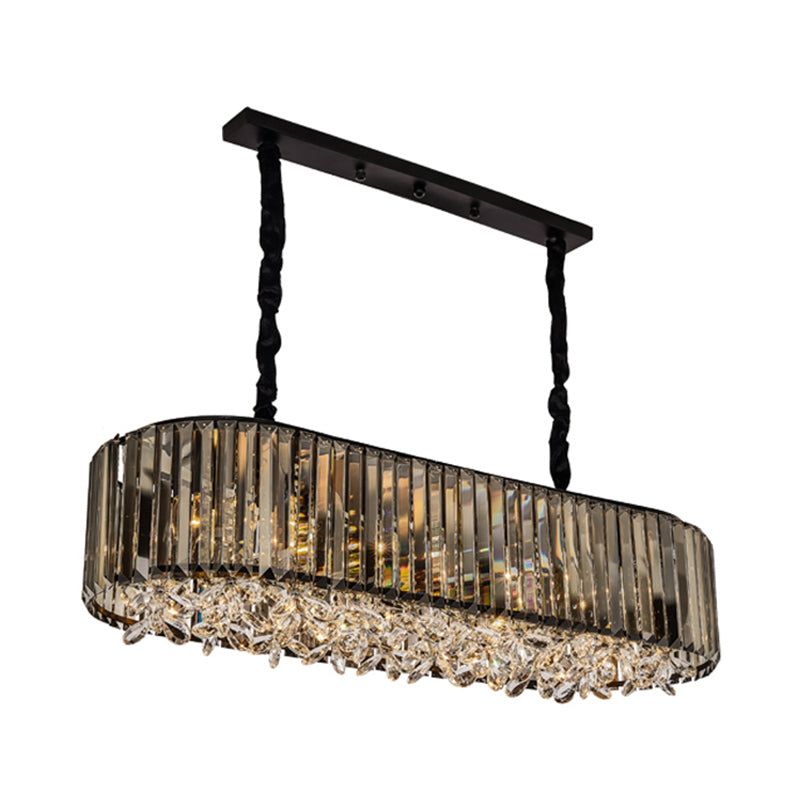 6 Heads Three Sided Crystal Pendant Light Modern Smoke Gray Oval Dining Room Island Ceiling Light Clearhalo 'Ceiling Lights' 'Island Lights' Lighting' 293615