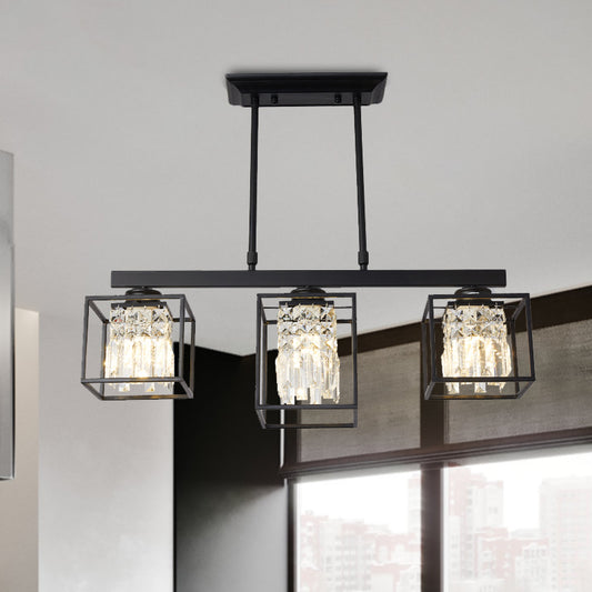Tri-Sided Crystal Rod Black Hanging Ceiling Light Square 3/4 Heads Contemporary Island Lamp 3 Black Clearhalo 'Ceiling Lights' 'Island Lights' Lighting' 293618
