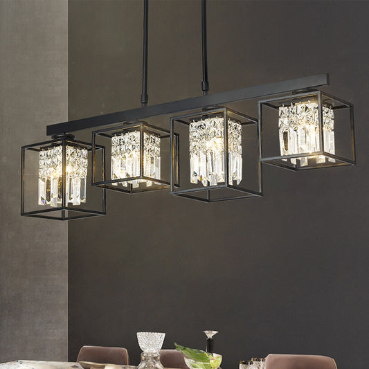 Tri-Sided Crystal Rod Black Hanging Ceiling Light Square 3/4 Heads Contemporary Island Lamp 4 Black Clearhalo 'Ceiling Lights' 'Island Lights' Lighting' 293623