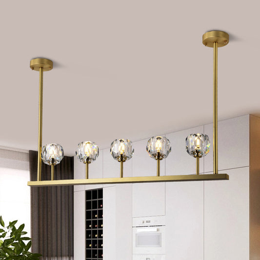 Linear Crystal Ball Hanging Light Fixture Simple Style 5 Heads Dining Room Island Ceiling Light in Gold Gold Clearhalo 'Ceiling Lights' 'Island Lights' Lighting' 293652