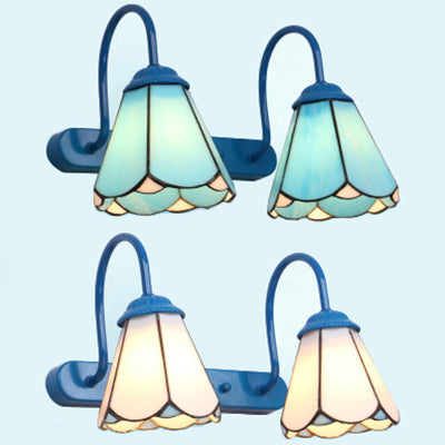 Tiffany Conical Vanity Lighting Fixture 2 Heads White/Blue Glass Wall Mounted Light for Bathroom Clearhalo 'Industrial' 'Middle century wall lights' 'Tiffany wall lights' 'Tiffany' 'Wall Lamps & Sconces' 'Wall Lights' Lighting' 29412