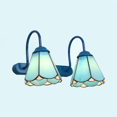 Tiffany Conical Vanity Lighting Fixture 2 Heads White/Blue Glass Wall Mounted Light for Bathroom Blue Clearhalo 'Industrial' 'Middle century wall lights' 'Tiffany wall lights' 'Tiffany' 'Wall Lamps & Sconces' 'Wall Lights' Lighting' 29413