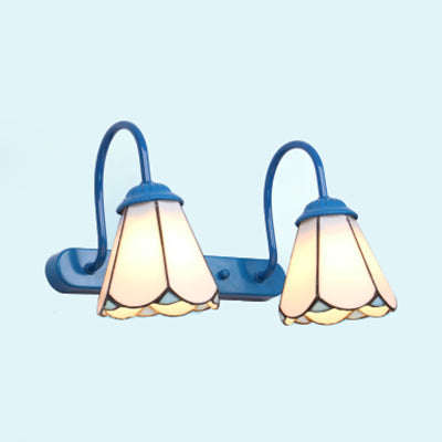 Tiffany Conical Vanity Lighting Fixture 2 Heads White/Blue Glass Wall Mounted Light for Bathroom White Clearhalo 'Industrial' 'Middle century wall lights' 'Tiffany wall lights' 'Tiffany' 'Wall Lamps & Sconces' 'Wall Lights' Lighting' 29414
