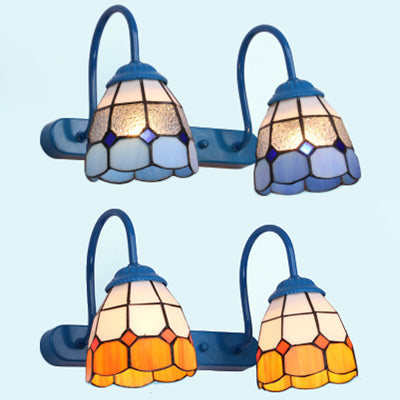 Dome Wall Light Fixture 2 Heads Blue/Yellow Glass Tiffany Vanity Sconce Light for Bathroom Clearhalo 'Industrial' 'Middle century wall lights' 'Tiffany wall lights' 'Tiffany' 'Wall Lamps & Sconces' 'Wall Lights' Lighting' 29419