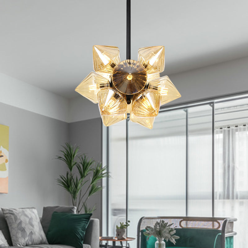 Black/Chrome Prism Semi Flush Light Vintage Clear/Amber Ribbed Glass 9/12 Lights Living Room Ceiling Lamp 12 Black Amber Clearhalo 'Ceiling Lights' 'Close To Ceiling Lights' 'Close to ceiling' 'Glass shade' 'Glass' 'Semi-flushmount' Lighting' 294656