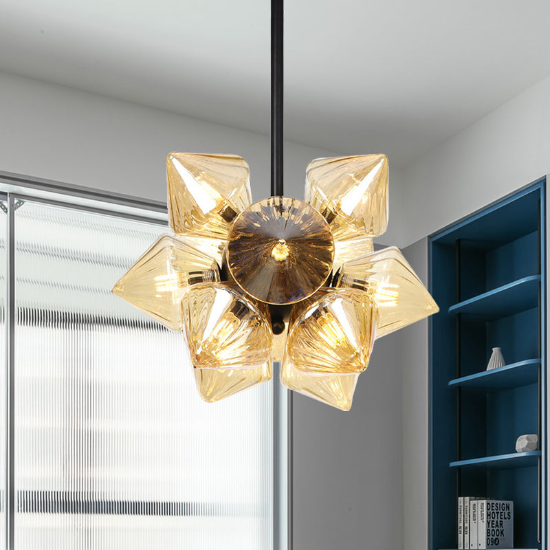 Black/Chrome Prism Semi Flush Light Vintage Clear/Amber Ribbed Glass 9/12 Lights Living Room Ceiling Lamp Clearhalo 'Ceiling Lights' 'Close To Ceiling Lights' 'Close to ceiling' 'Glass shade' 'Glass' 'Semi-flushmount' Lighting' 294657
