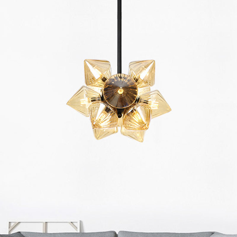 Black/Chrome Prism Semi Flush Light Vintage Clear/Amber Ribbed Glass 9/12 Lights Living Room Ceiling Lamp Clearhalo 'Ceiling Lights' 'Close To Ceiling Lights' 'Close to ceiling' 'Glass shade' 'Glass' 'Semi-flushmount' Lighting' 294658