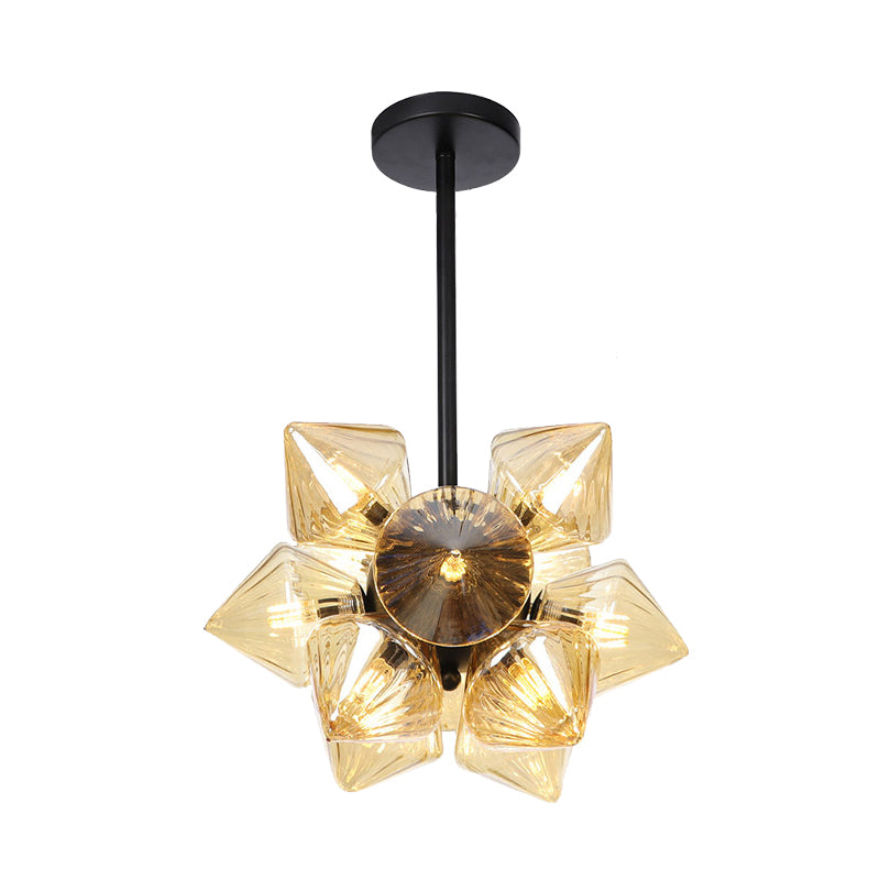 Black/Chrome Prism Semi Flush Light Vintage Clear/Amber Ribbed Glass 9/12 Lights Living Room Ceiling Lamp Clearhalo 'Ceiling Lights' 'Close To Ceiling Lights' 'Close to ceiling' 'Glass shade' 'Glass' 'Semi-flushmount' Lighting' 294659