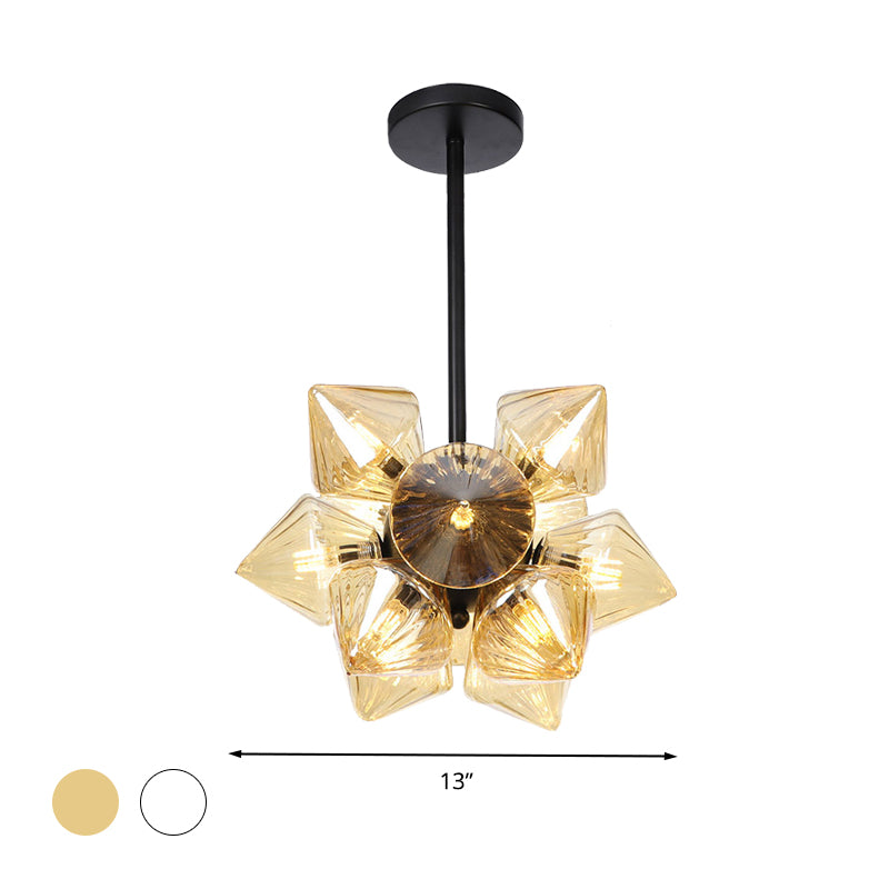 Black/Chrome Prism Semi Flush Light Vintage Clear/Amber Ribbed Glass 9/12 Lights Living Room Ceiling Lamp Clearhalo 'Ceiling Lights' 'Close To Ceiling Lights' 'Close to ceiling' 'Glass shade' 'Glass' 'Semi-flushmount' Lighting' 294660