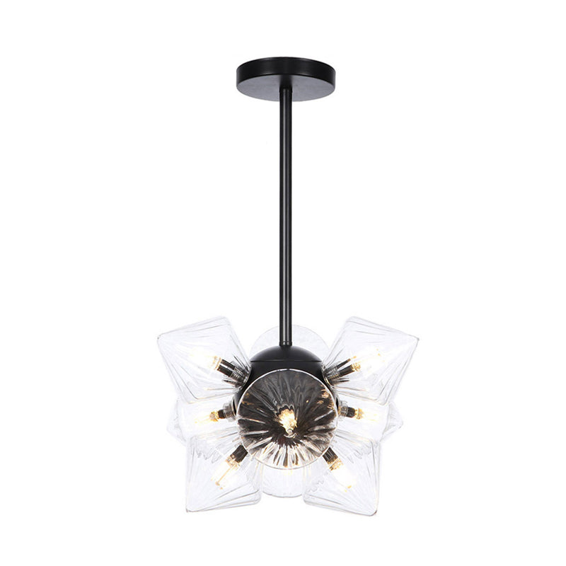 Black/Chrome Prism Semi Flush Light Vintage Clear/Amber Ribbed Glass 9/12 Lights Living Room Ceiling Lamp 9 Black Clear Clearhalo 'Ceiling Lights' 'Close To Ceiling Lights' 'Close to ceiling' 'Glass shade' 'Glass' 'Semi-flushmount' Lighting' 294661