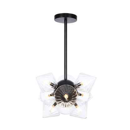 Black/Chrome Prism Semi Flush Light Vintage Clear/Amber Ribbed Glass 9/12 Lights Living Room Ceiling Lamp 9 Black Clear Clearhalo 'Ceiling Lights' 'Close To Ceiling Lights' 'Close to ceiling' 'Glass shade' 'Glass' 'Semi-flushmount' Lighting' 294661