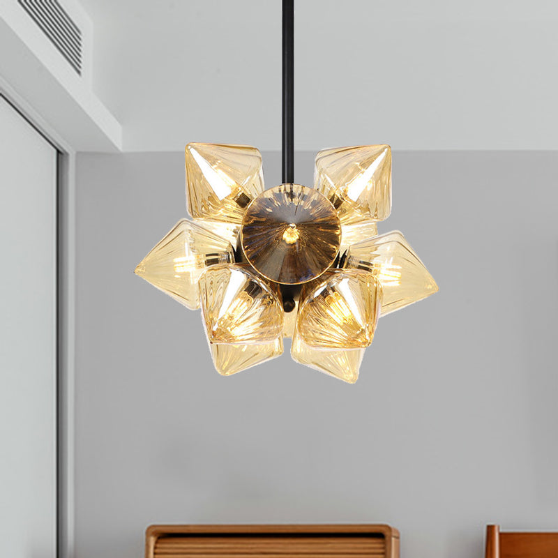 Black/Chrome Prism Semi Flush Light Vintage Clear/Amber Ribbed Glass 9/12 Lights Living Room Ceiling Lamp 9 Black Amber Clearhalo 'Ceiling Lights' 'Close To Ceiling Lights' 'Close to ceiling' 'Glass shade' 'Glass' 'Semi-flushmount' Lighting' 294662