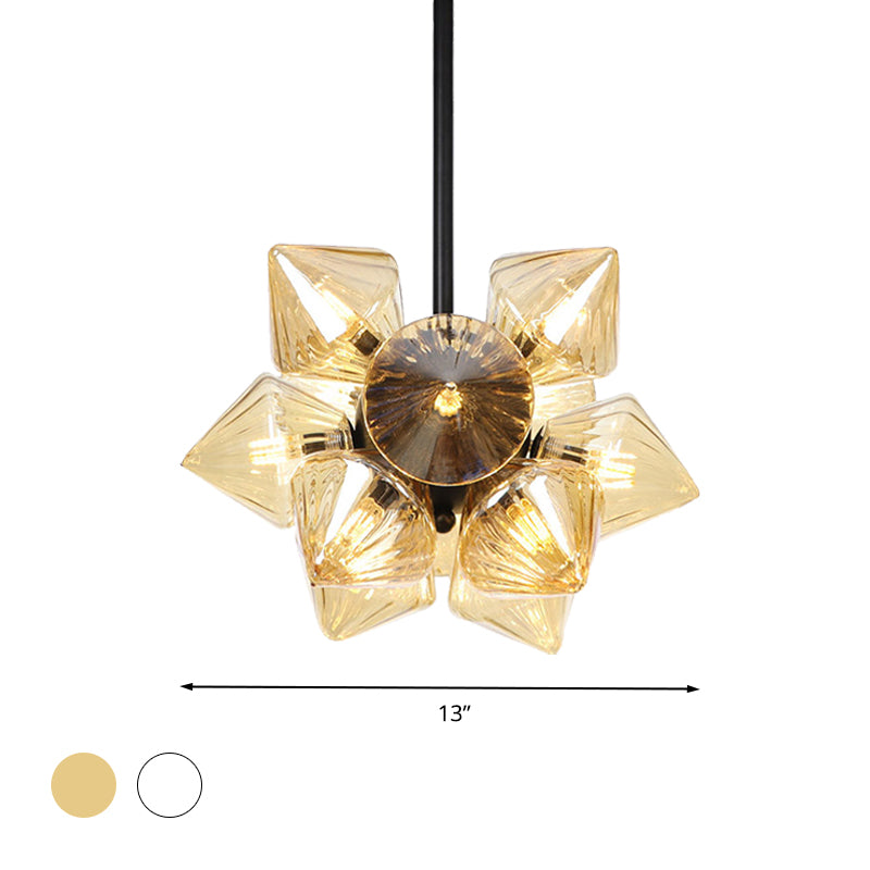 Black/Chrome Prism Semi Flush Light Vintage Clear/Amber Ribbed Glass 9/12 Lights Living Room Ceiling Lamp Clearhalo 'Ceiling Lights' 'Close To Ceiling Lights' 'Close to ceiling' 'Glass shade' 'Glass' 'Semi-flushmount' Lighting' 294664