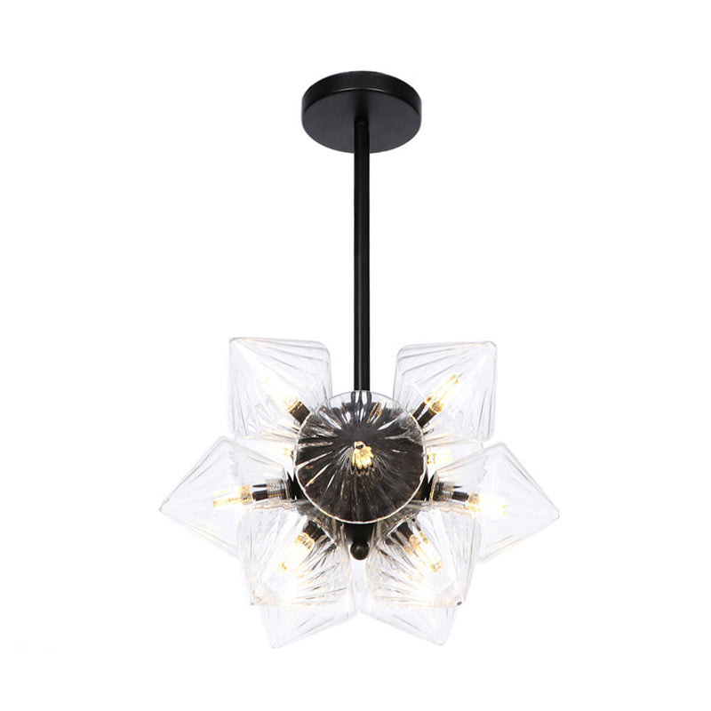 Black/Chrome Prism Semi Flush Light Vintage Clear/Amber Ribbed Glass 9/12 Lights Living Room Ceiling Lamp 12 Black Clear Clearhalo 'Ceiling Lights' 'Close To Ceiling Lights' 'Close to ceiling' 'Glass shade' 'Glass' 'Semi-flushmount' Lighting' 294665