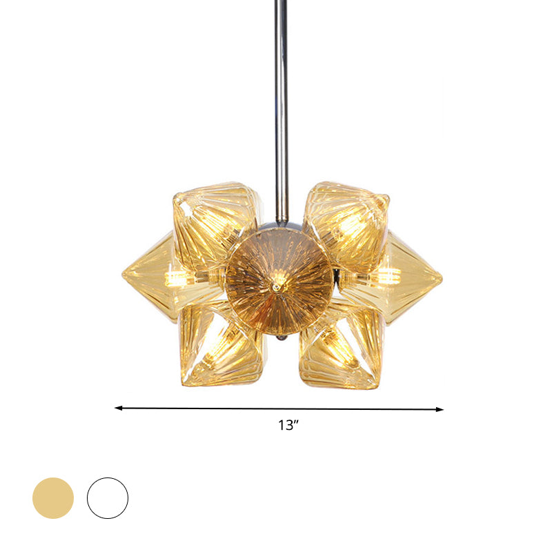 Black/Chrome Prism Semi Flush Light Vintage Clear/Amber Ribbed Glass 9/12 Lights Living Room Ceiling Lamp Clearhalo 'Ceiling Lights' 'Close To Ceiling Lights' 'Close to ceiling' 'Glass shade' 'Glass' 'Semi-flushmount' Lighting' 294667