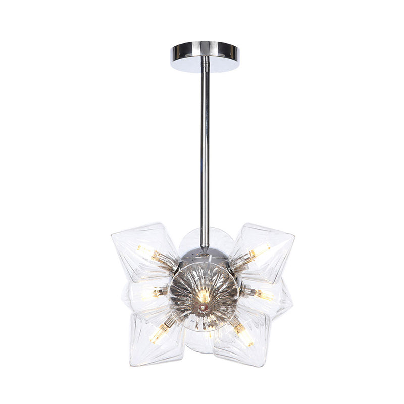 Black/Chrome Prism Semi Flush Light Vintage Clear/Amber Ribbed Glass 9/12 Lights Living Room Ceiling Lamp 12 Chrome Clear Clearhalo 'Ceiling Lights' 'Close To Ceiling Lights' 'Close to ceiling' 'Glass shade' 'Glass' 'Semi-flushmount' Lighting' 294668