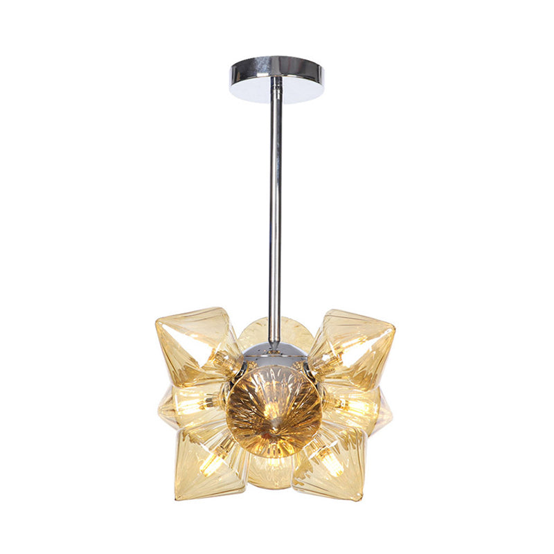 Black/Chrome Prism Semi Flush Light Vintage Clear/Amber Ribbed Glass 9/12 Lights Living Room Ceiling Lamp 12 Chrome Amber Clearhalo 'Ceiling Lights' 'Close To Ceiling Lights' 'Close to ceiling' 'Glass shade' 'Glass' 'Semi-flushmount' Lighting' 294669