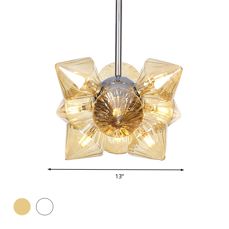 Black/Chrome Prism Semi Flush Light Vintage Clear/Amber Ribbed Glass 9/12 Lights Living Room Ceiling Lamp Clearhalo 'Ceiling Lights' 'Close To Ceiling Lights' 'Close to ceiling' 'Glass shade' 'Glass' 'Semi-flushmount' Lighting' 294670