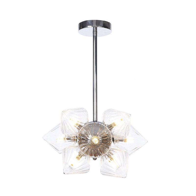 Black/Chrome Prism Semi Flush Light Vintage Clear/Amber Ribbed Glass 9/12 Lights Living Room Ceiling Lamp 9 Chrome Clear Clearhalo 'Ceiling Lights' 'Close To Ceiling Lights' 'Close to ceiling' 'Glass shade' 'Glass' 'Semi-flushmount' Lighting' 294671