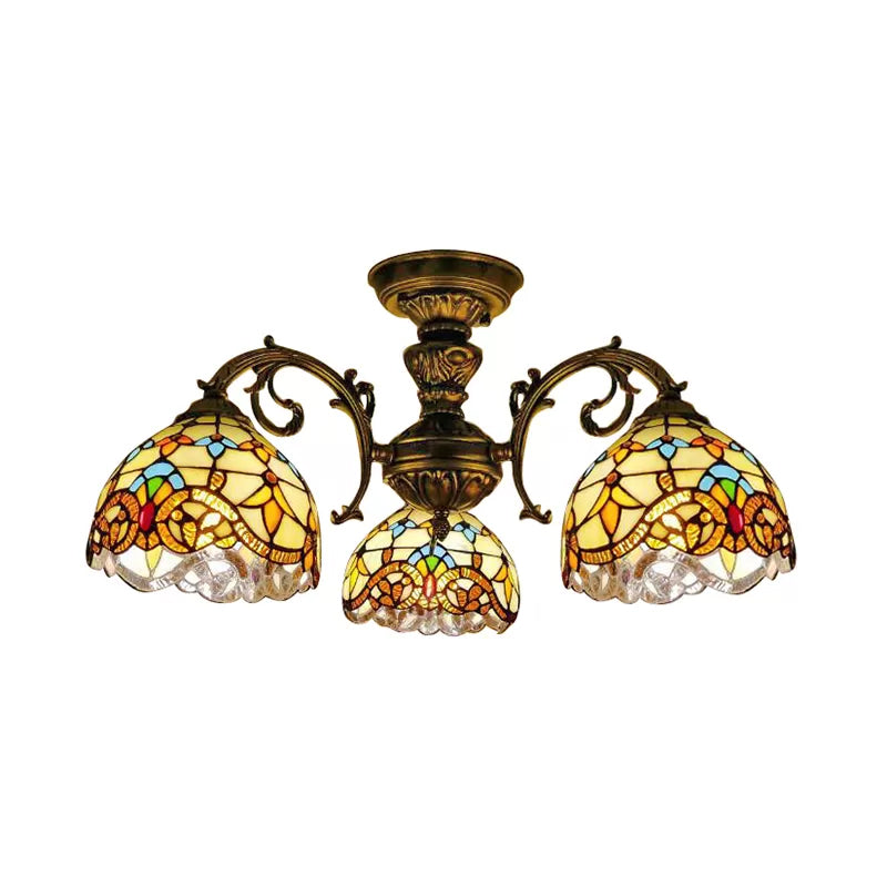 Ceiling Light for Living Room, Baroque Semi Flush Light in Aged Brass with Stained Glass Dome Shade Clearhalo 'Ceiling Lights' 'Close To Ceiling Lights' 'Close to ceiling' 'Glass shade' 'Glass' 'Semi-flushmount' 'Tiffany close to ceiling' 'Tiffany' Lighting' 2947
