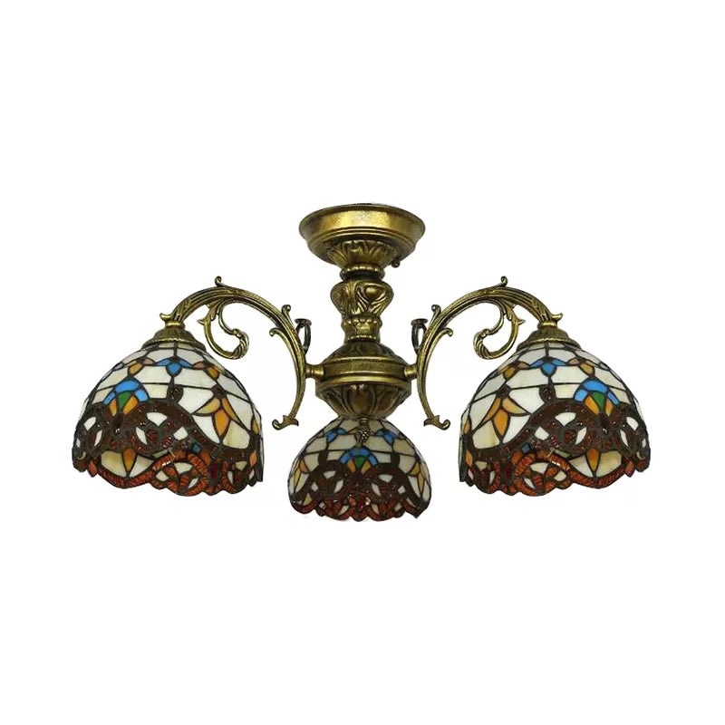 Ceiling Light for Living Room, Baroque Semi Flush Light in Aged Brass with Stained Glass Dome Shade Clearhalo 'Ceiling Lights' 'Close To Ceiling Lights' 'Close to ceiling' 'Glass shade' 'Glass' 'Semi-flushmount' 'Tiffany close to ceiling' 'Tiffany' Lighting' 2948