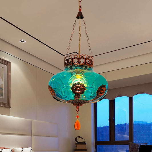 1 Light Pendant Light Fixture Moroccan Oval Blue Texture Glass Suspension Lamp for Dining Room Blue Clearhalo 'Ceiling Lights' 'Close To Ceiling Lights' 'Glass shade' 'Glass' 'Pendant Lights' 'Pendants' Lighting' 294808