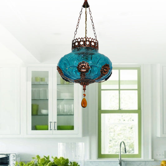 1 Light Pendant Light Fixture Moroccan Oval Blue Texture Glass Suspension Lamp for Dining Room Clearhalo 'Ceiling Lights' 'Close To Ceiling Lights' 'Glass shade' 'Glass' 'Pendant Lights' 'Pendants' Lighting' 294809