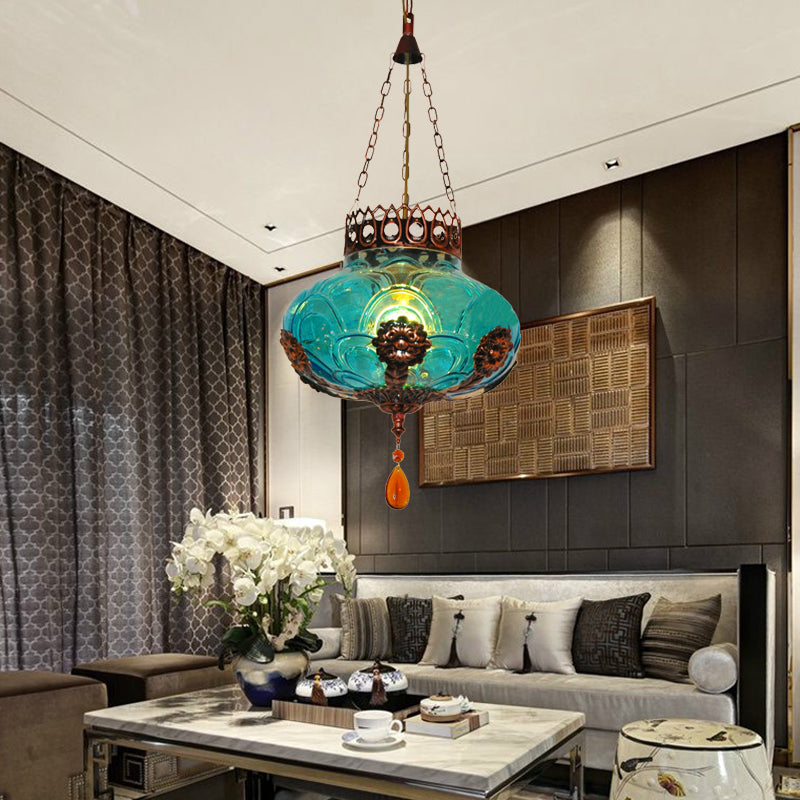 1 Light Pendant Light Fixture Moroccan Oval Blue Texture Glass Suspension Lamp for Dining Room Clearhalo 'Ceiling Lights' 'Close To Ceiling Lights' 'Glass shade' 'Glass' 'Pendant Lights' 'Pendants' Lighting' 294810