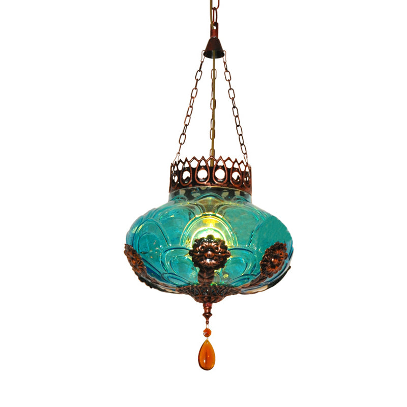 1 Light Pendant Light Fixture Moroccan Oval Blue Texture Glass Suspension Lamp for Dining Room Clearhalo 'Ceiling Lights' 'Close To Ceiling Lights' 'Glass shade' 'Glass' 'Pendant Lights' 'Pendants' Lighting' 294811