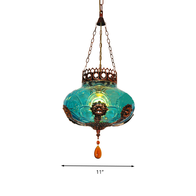 1 Light Pendant Light Fixture Moroccan Oval Blue Texture Glass Suspension Lamp for Dining Room Clearhalo 'Ceiling Lights' 'Close To Ceiling Lights' 'Glass shade' 'Glass' 'Pendant Lights' 'Pendants' Lighting' 294812