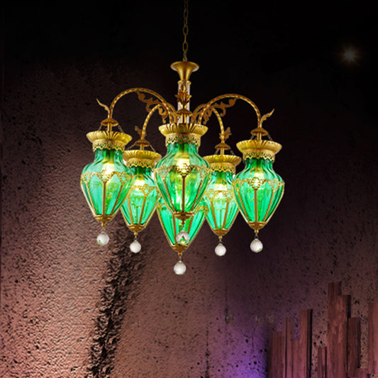6 Lights Chandelier Light Fixture Curved Arm Red/Blue/Green Glass Suspension Pendant in Brass for Restaurant Green Clearhalo 'Ceiling Lights' 'Chandeliers' 'Glass shade' 'Glass' Lighting' 294828
