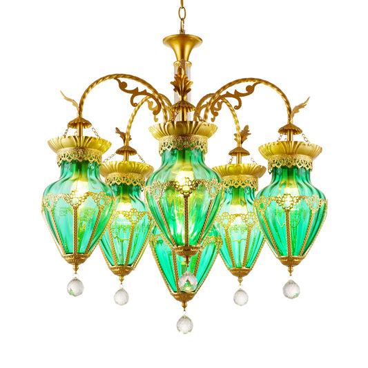 6 Lights Chandelier Light Fixture Curved Arm Red/Blue/Green Glass Suspension Pendant in Brass for Restaurant Clearhalo 'Ceiling Lights' 'Chandeliers' 'Glass shade' 'Glass' Lighting' 294829